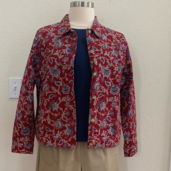 Haymaker XL, dark red, blue, green, tan floral pattern denim jacket - Picture 3 of 15